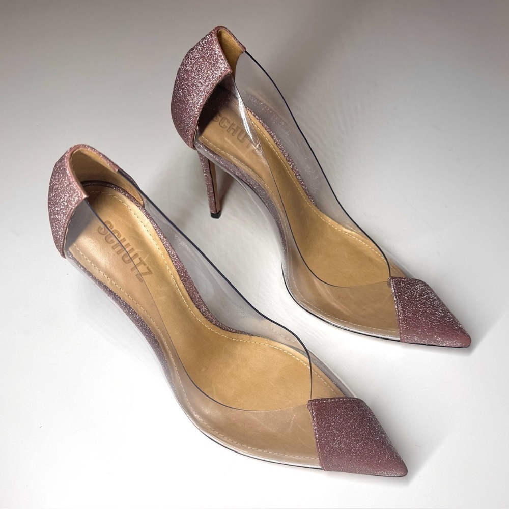 Schutz Women’s Cendi Transparent Pump In Pink Rose Glitter Size- 9B - Picture 3 of 12